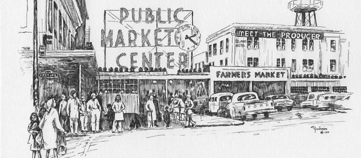 Art Stall Gallery - Pike Place Market black and white drawing
