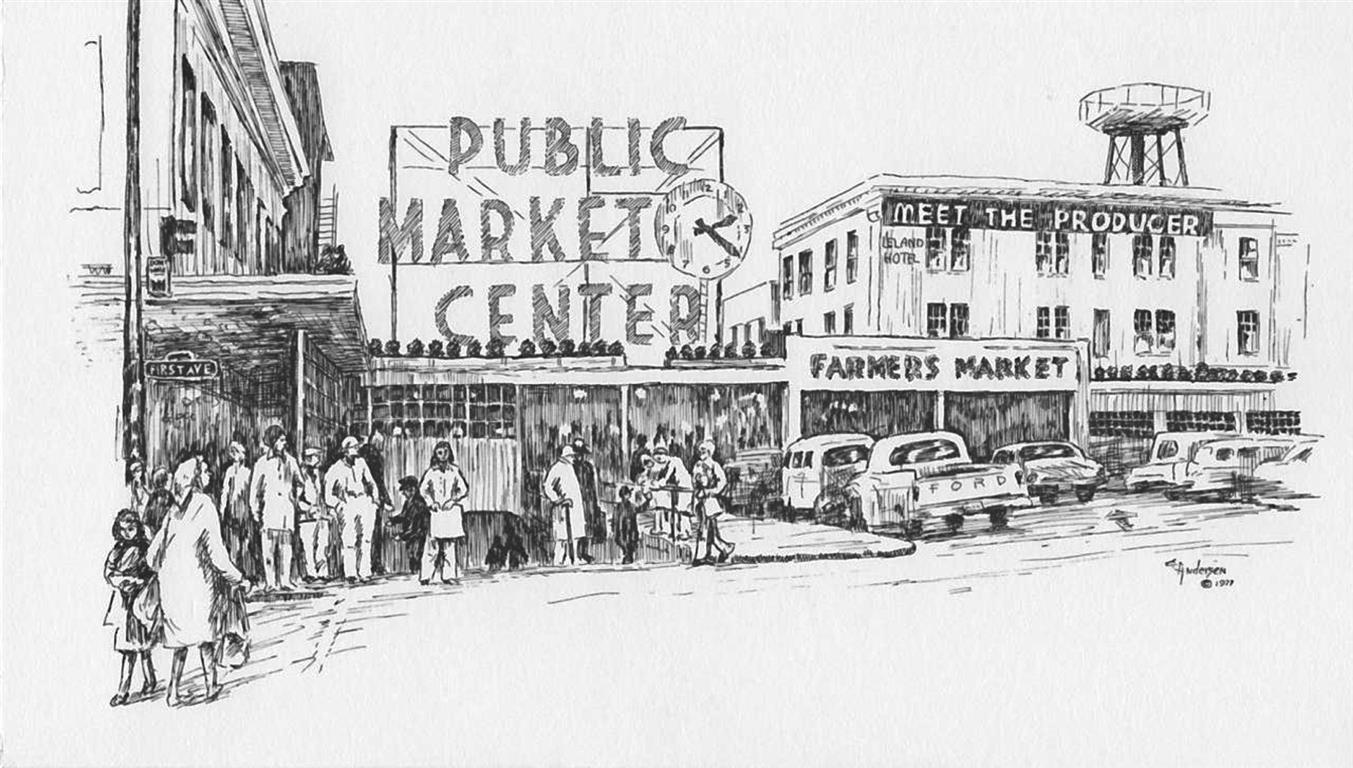 Art Stall Gallery - Pike Place Market black and white drawing
