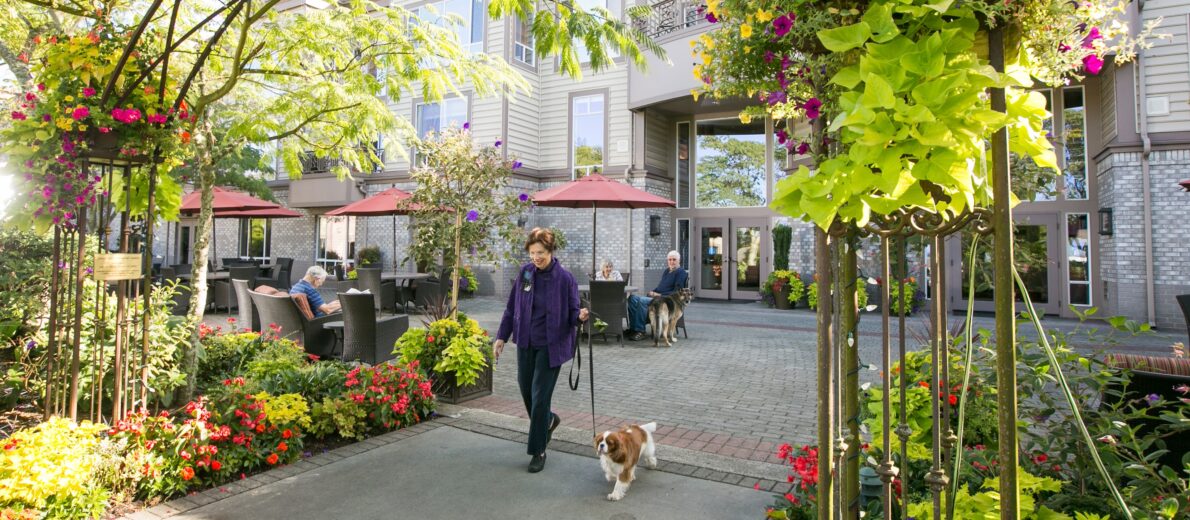 Ida Culver House Broadview courtyard garden daytime, residents enjoy with pet dog.