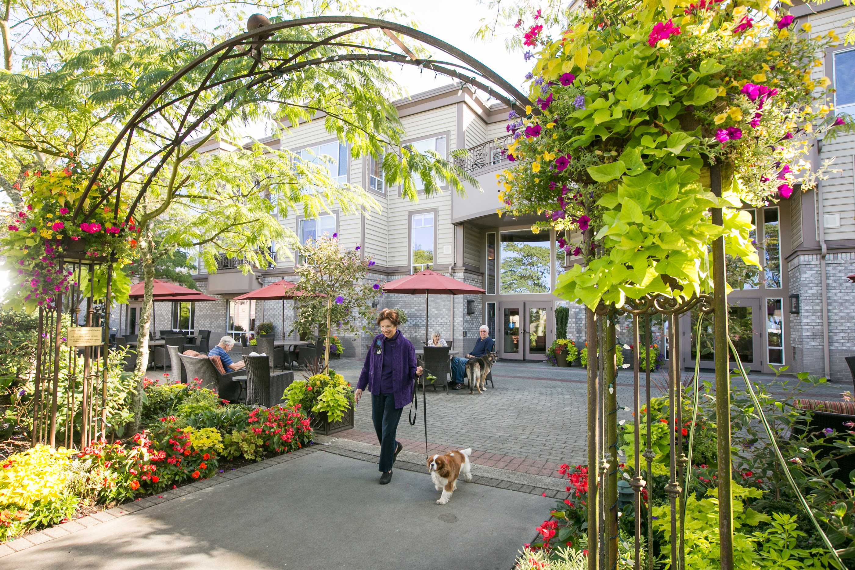 Ida Culver House Broadview courtyard garden daytime, residents enjoy with pet dog.