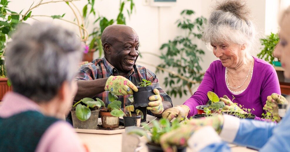 Group of smiling older people gardening in small pots.