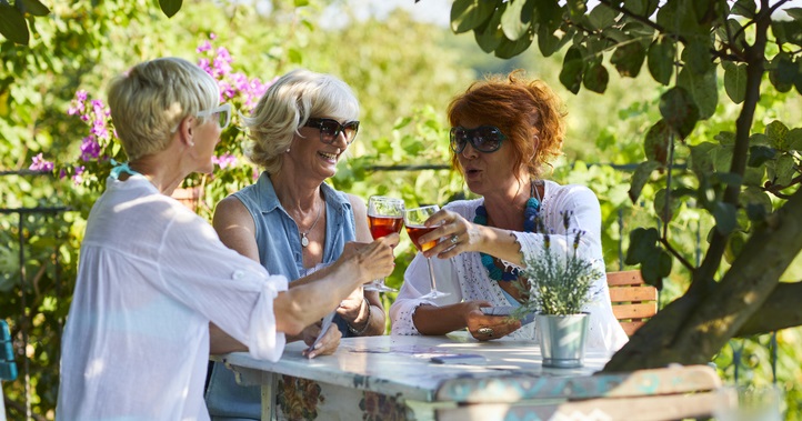 3 older women enjoying a garden party