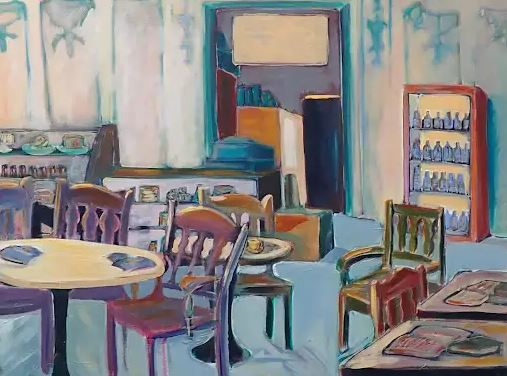 Painting of the interior of a quaint cafe
